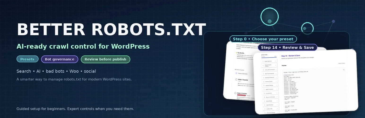 Better Robots.txt interface showing guided presets and policy controls